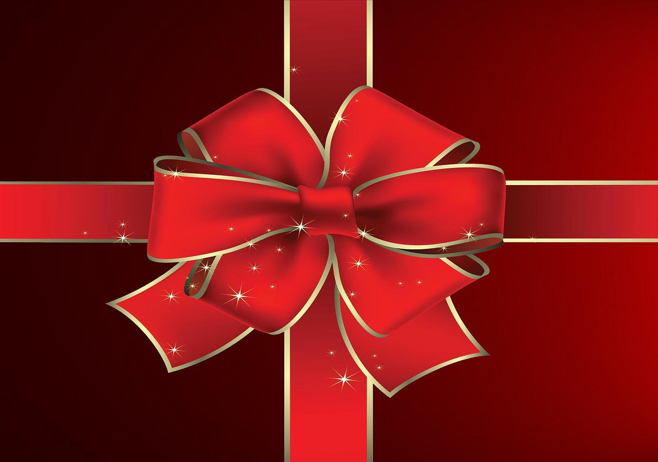 a present with a large red bow