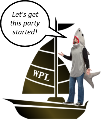 picture of teen dressed in shark costume on a boat "let's get this party started"