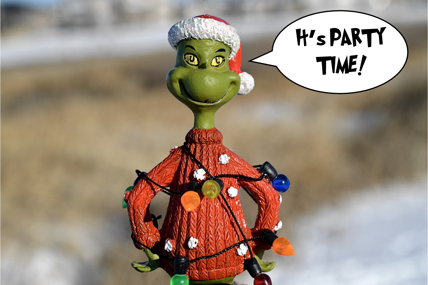 image of grinch doll saying "It's Party Time!"