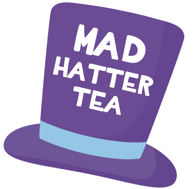 purple top hat with "mad hatter tea" 