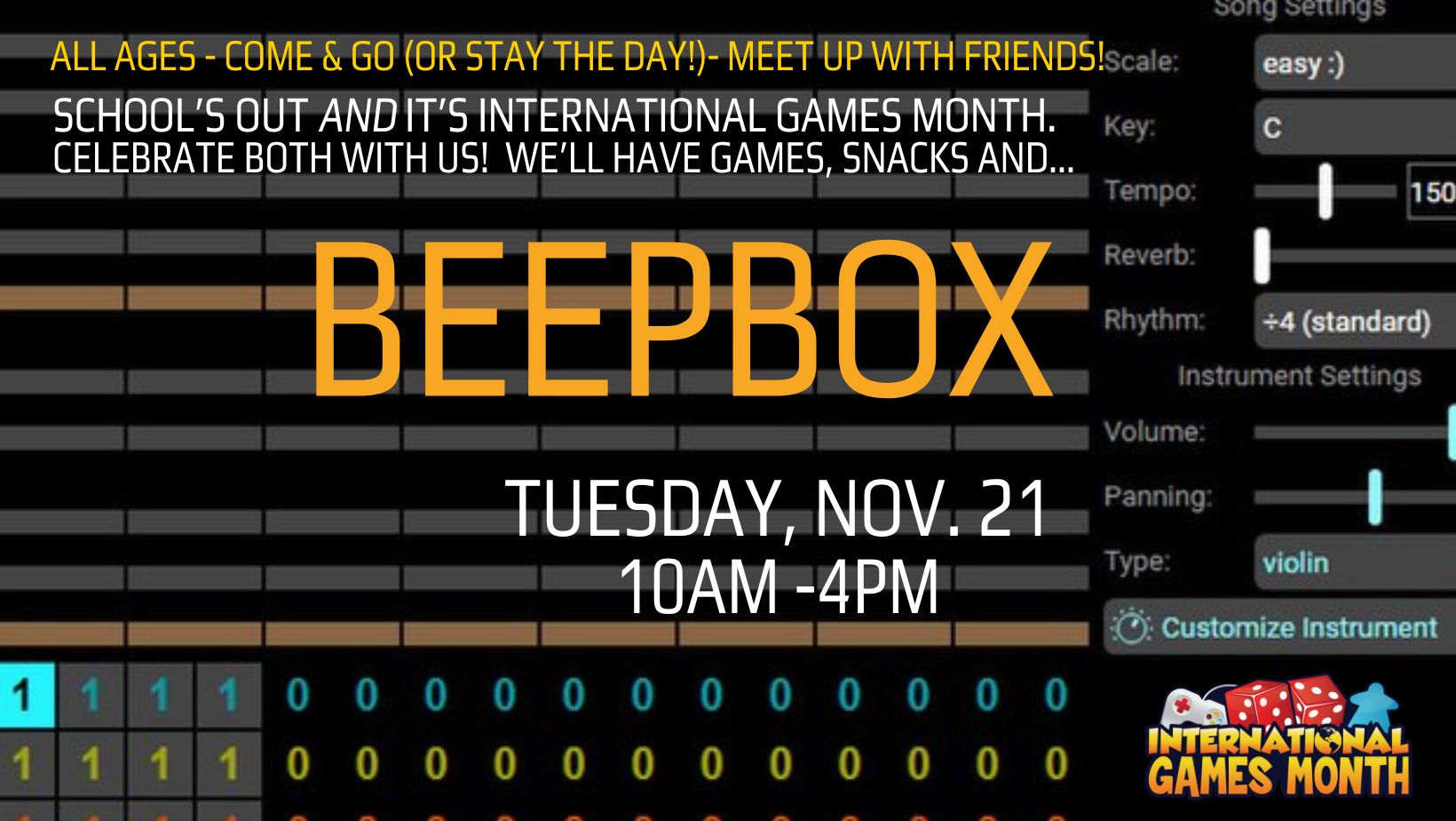 Image includes Beepbox background and International Games Month logo