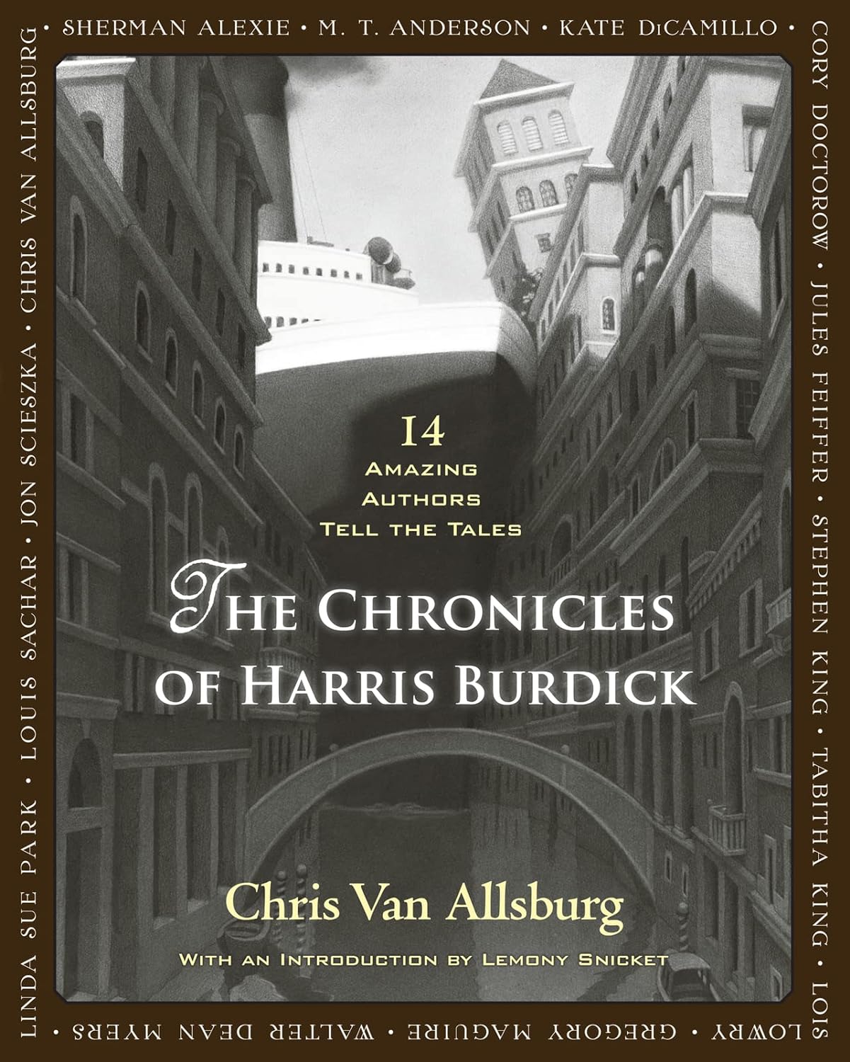 image is the Book Cover for "The Chronicles of Harris Burdick" by Chris Van Allsburg and 14 authors 