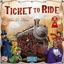 Image is the cover of the board game Ticket To Ride with an antique train