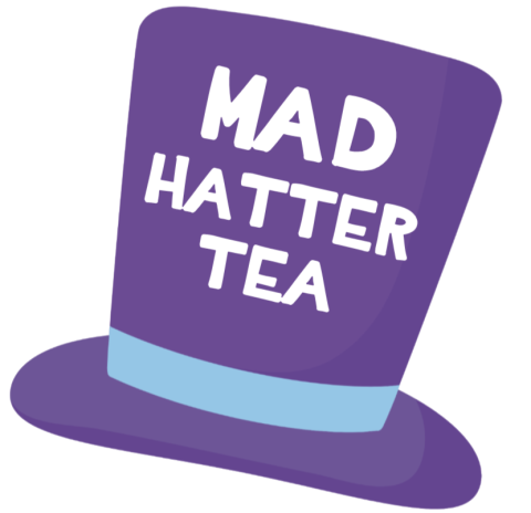 purple top hat with "mad hatter tea" 