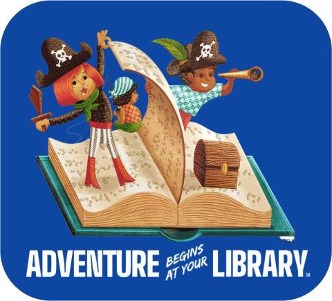 image has open book with kids playing pirate from the pages. Text reads "Adventure begins at your library"