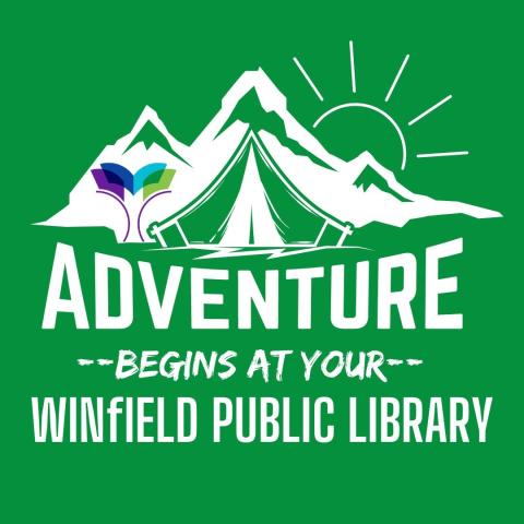Text reads "Adventure begins at your Winfield Public Library" image includes a mountain scene and sunrise with a tent
