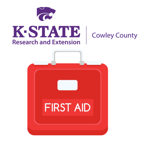 Image is K-State Research and Extension Cowley County logo and an image of a first aid kit