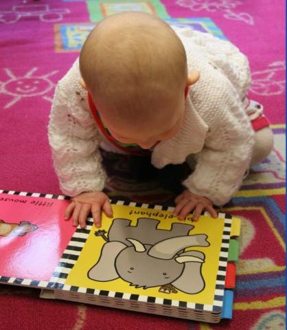 image is a cute baby reading a book