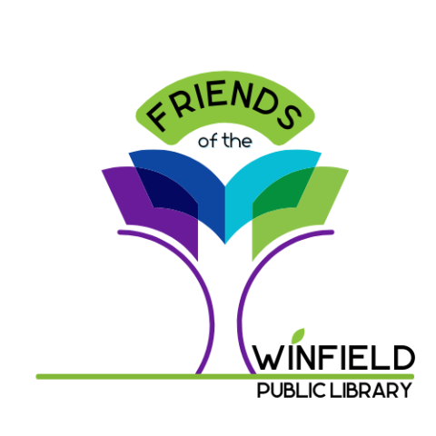 Image of an abstract tree with purple, blue, and green leaves and text that reads, "Friends of the Winfield Public Library"