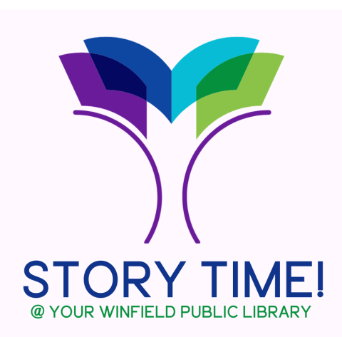 library logo with text reading "Story Time! at your Winfield Public Library"