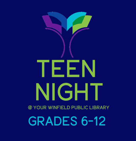 image is WPL's logo with text that reads "TEEN NIGHT, grades 6-12"