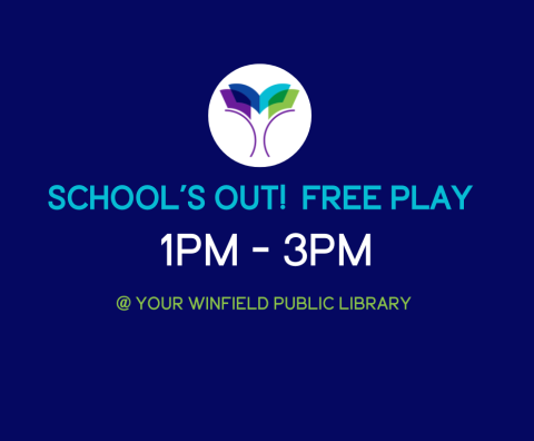 Image is library logo with text that reads "School's out! Free Play!" 1-3pm