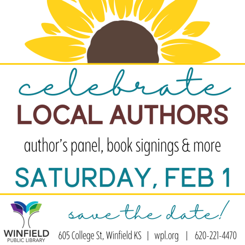 yellow sunflower above "celebrate local authors" text