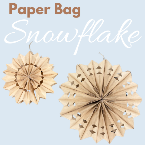 two paper bag snowflakes on a blue background