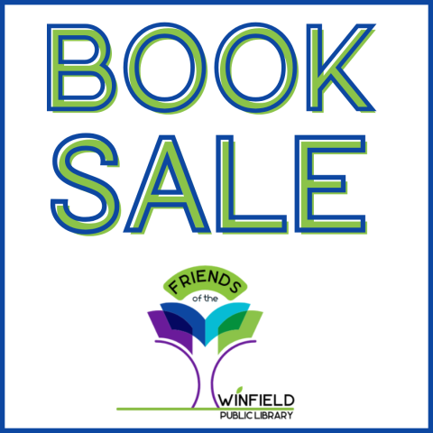 "book sale" text over the library's tree logo with a "Friends" banner