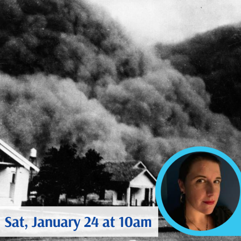 black and white photo of enormous dust clouds behind two houses