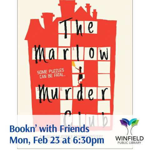a book cover featuring the outline of a red mansion with crossword squares spelling out the title, "The Marlow Murder Club"