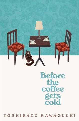 book cover with a small table, two chairs, and a cat sitting on the floor