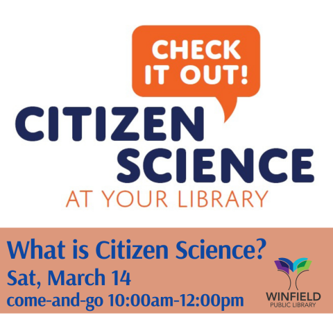 orange speech bubble with the words "Check It Out!" above bold text reading "Citizen Science at your library"