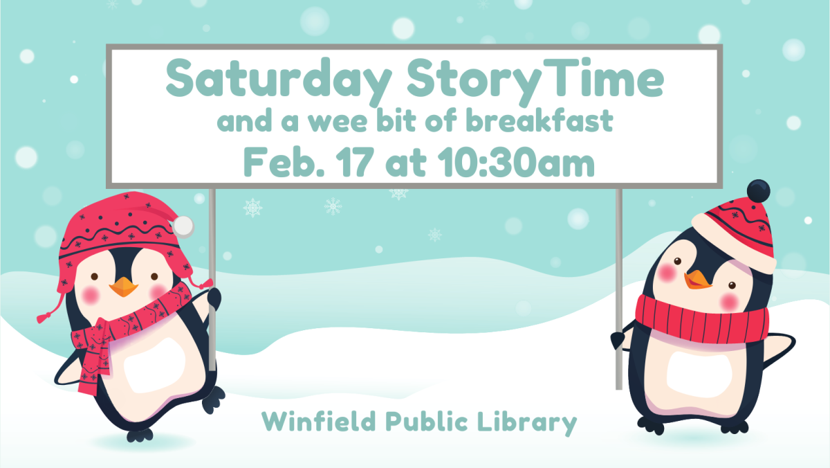 2 penguins in stocking caps holding a sign that reads Saturday Story Time Feb 17 at 10:30am