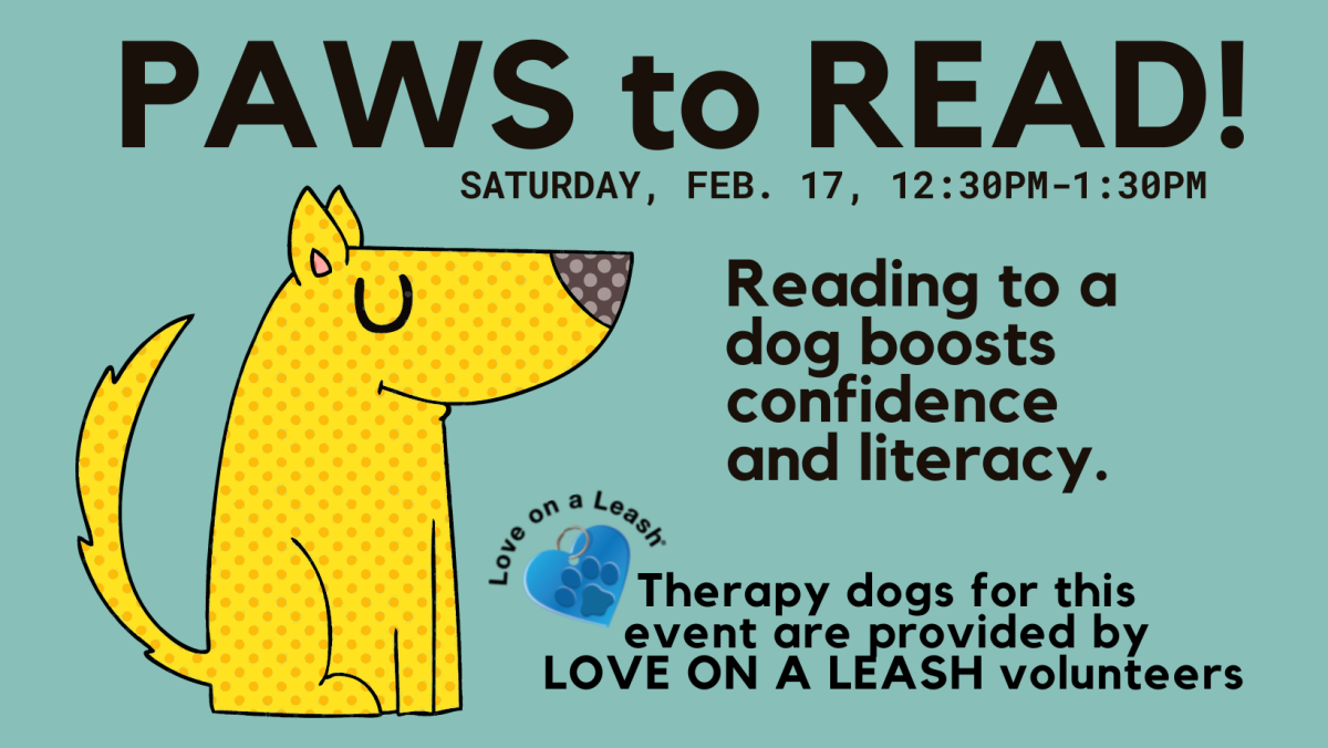 Picture of cartoon dog with text "PAWS to Read" and Love on a leash logo