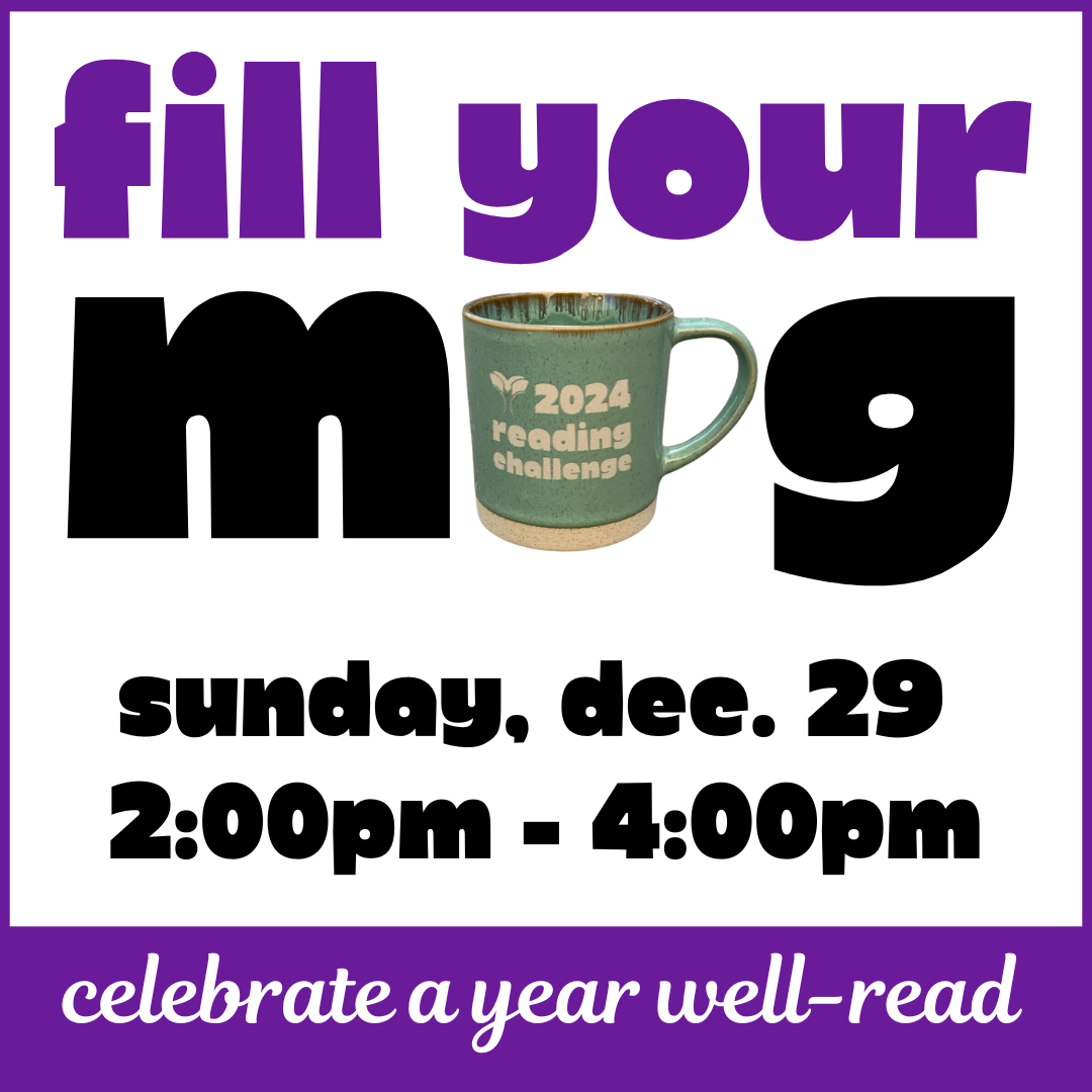 "Fill your mug" with the "u" in "mug" replaced with an image of the 2024 reading challenge mug