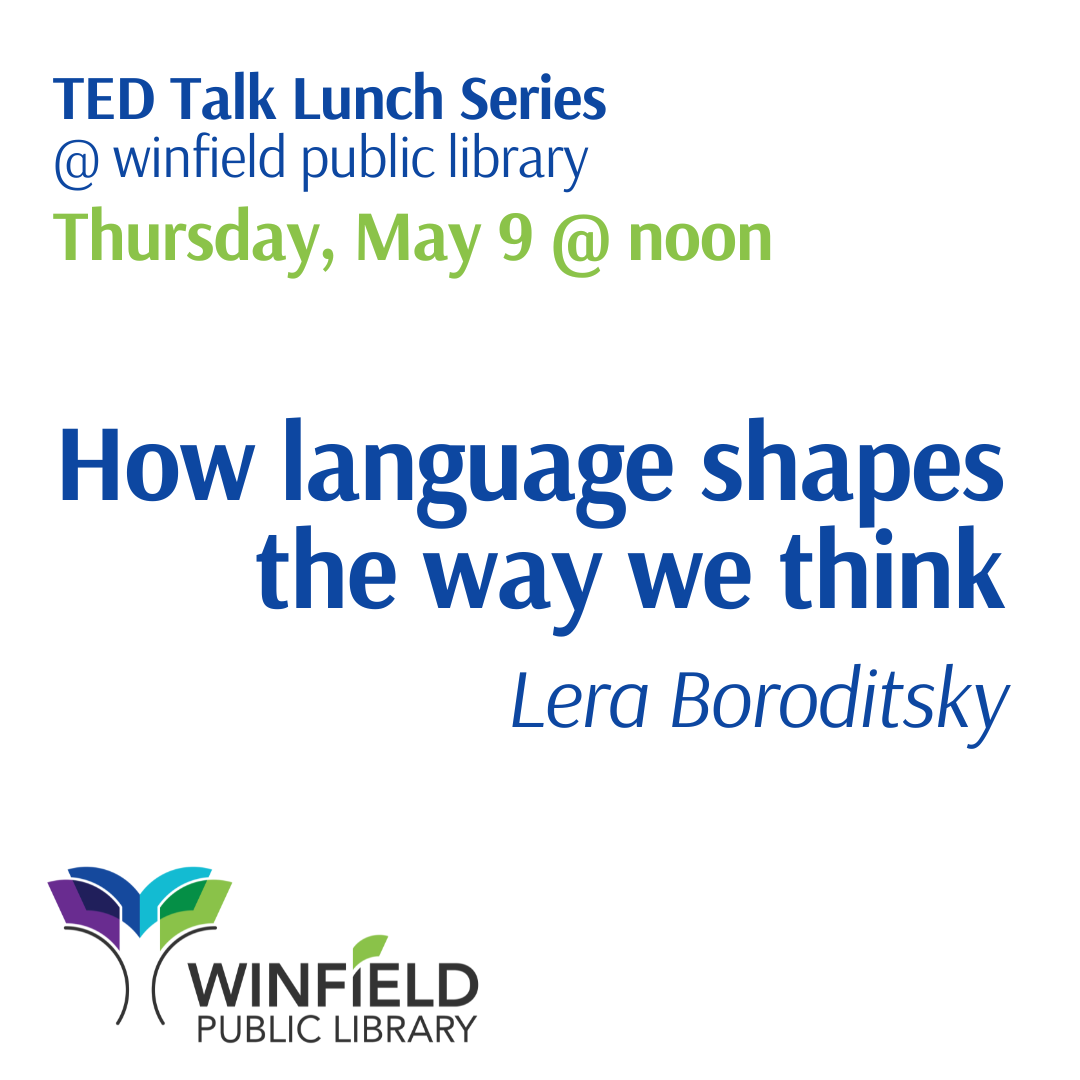 "How language shapes the way we think" in blue text against a white background