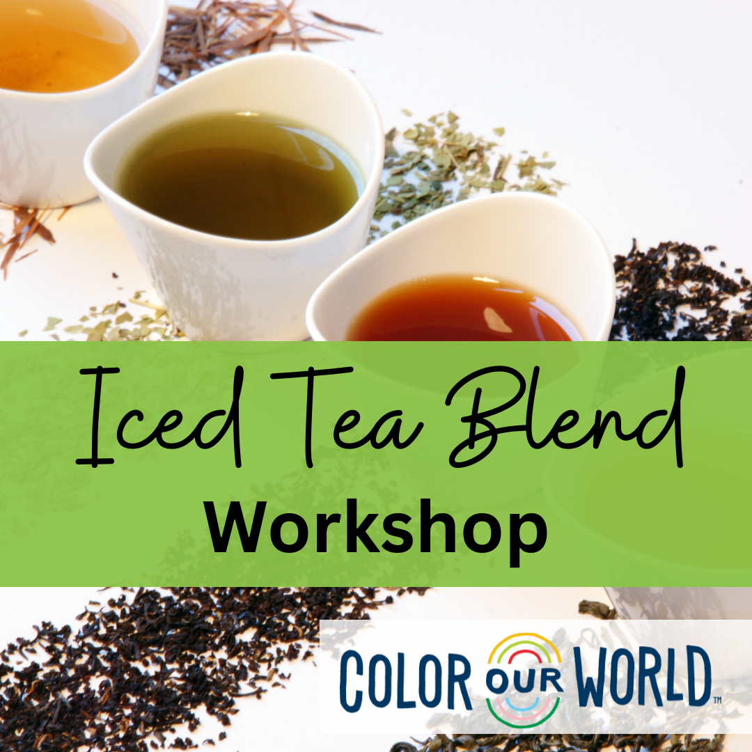 four cups of tea in different colors against a backdrop of tea leaves