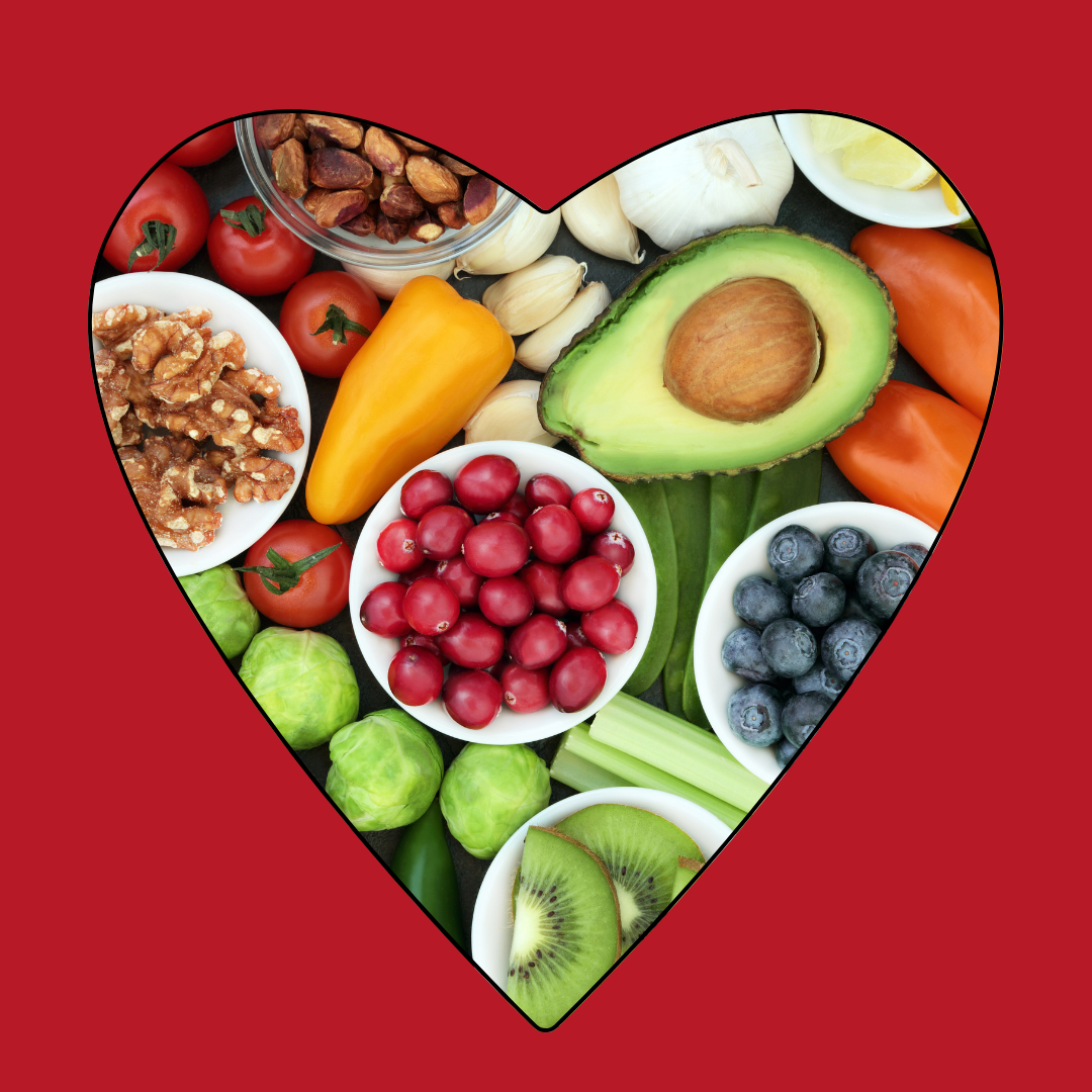 a heart filled with fresh fruits, vegetables, nuts and lean proteins