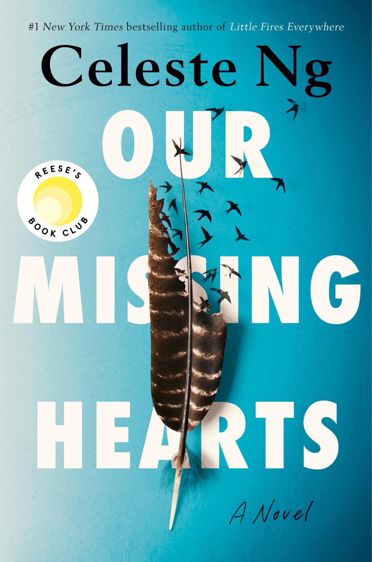 Image of a feather fading into flying birds with the text "Our Missing Hearts"
