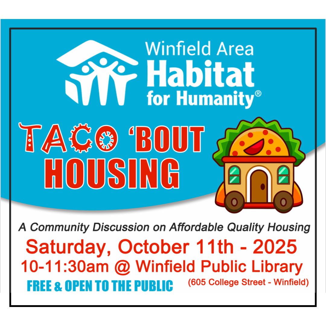 "Taco 'bout housing" in red lettering next to a taco truck and Habitat for Humanity logo