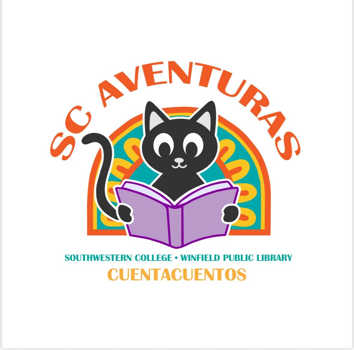 Logo is a cat reading a book SC aventuras