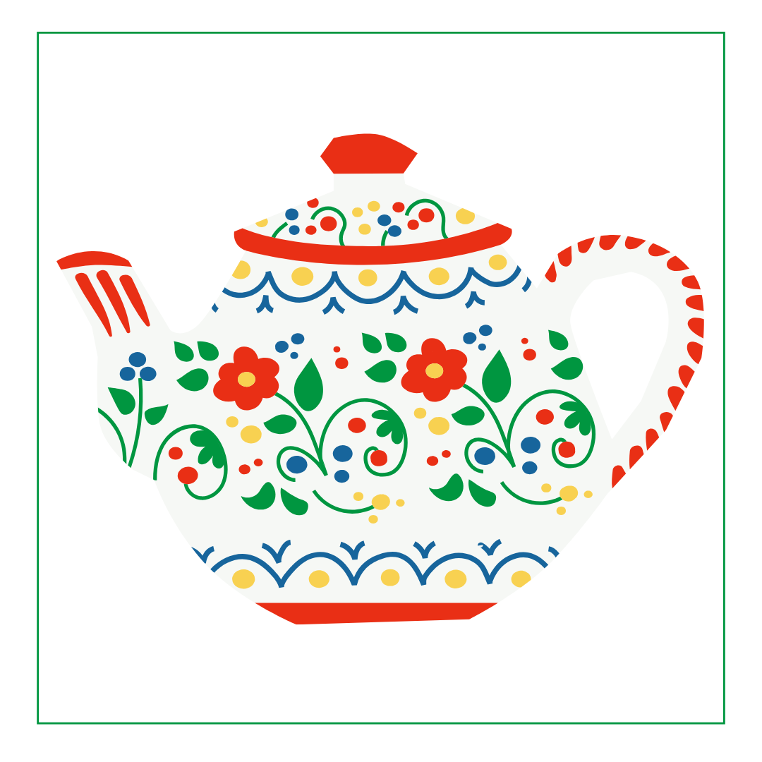 a teapot graphic with a brightly-colored Scandinavian floral design