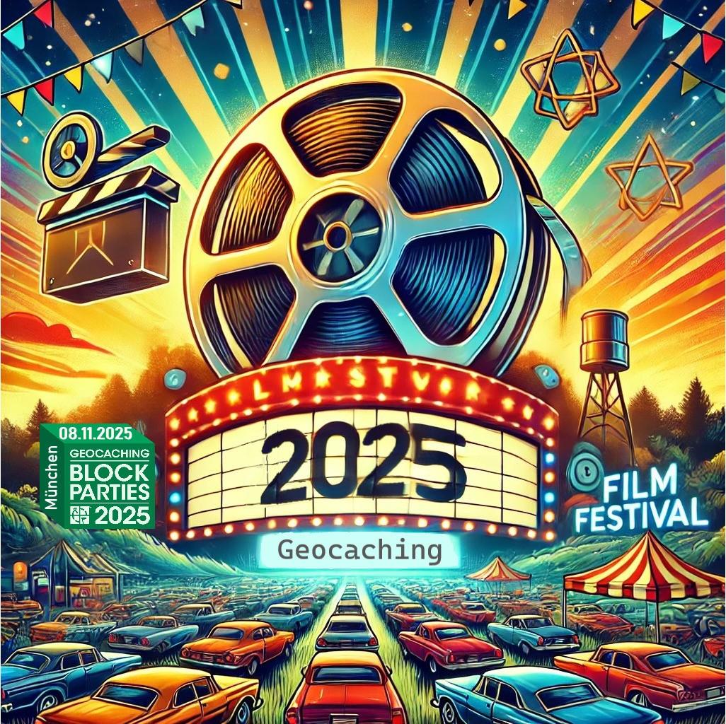 graphic of a drive-in theatre with film and geocaching symbols