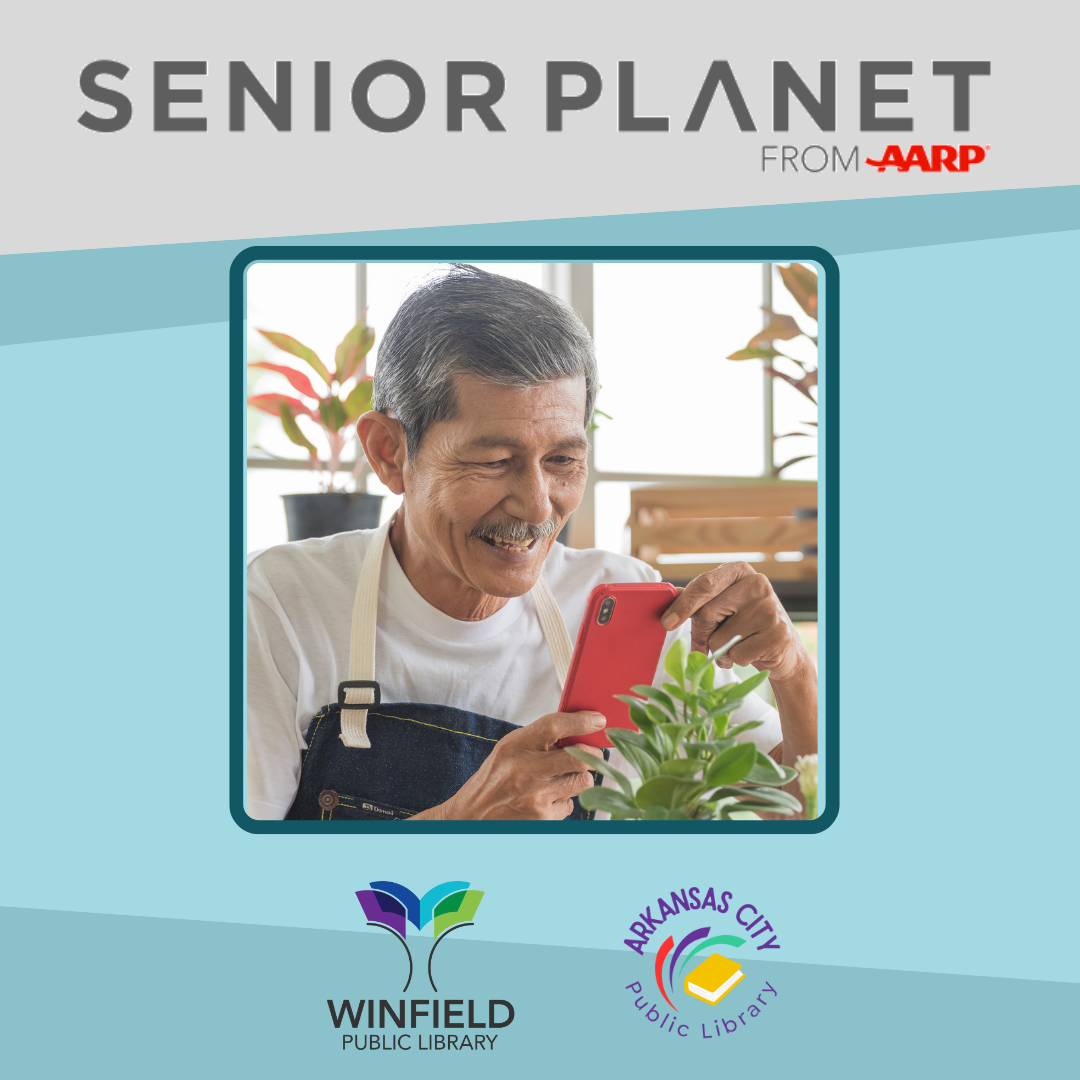 senior planet logo and photo of a smiling older man using a smartphone
