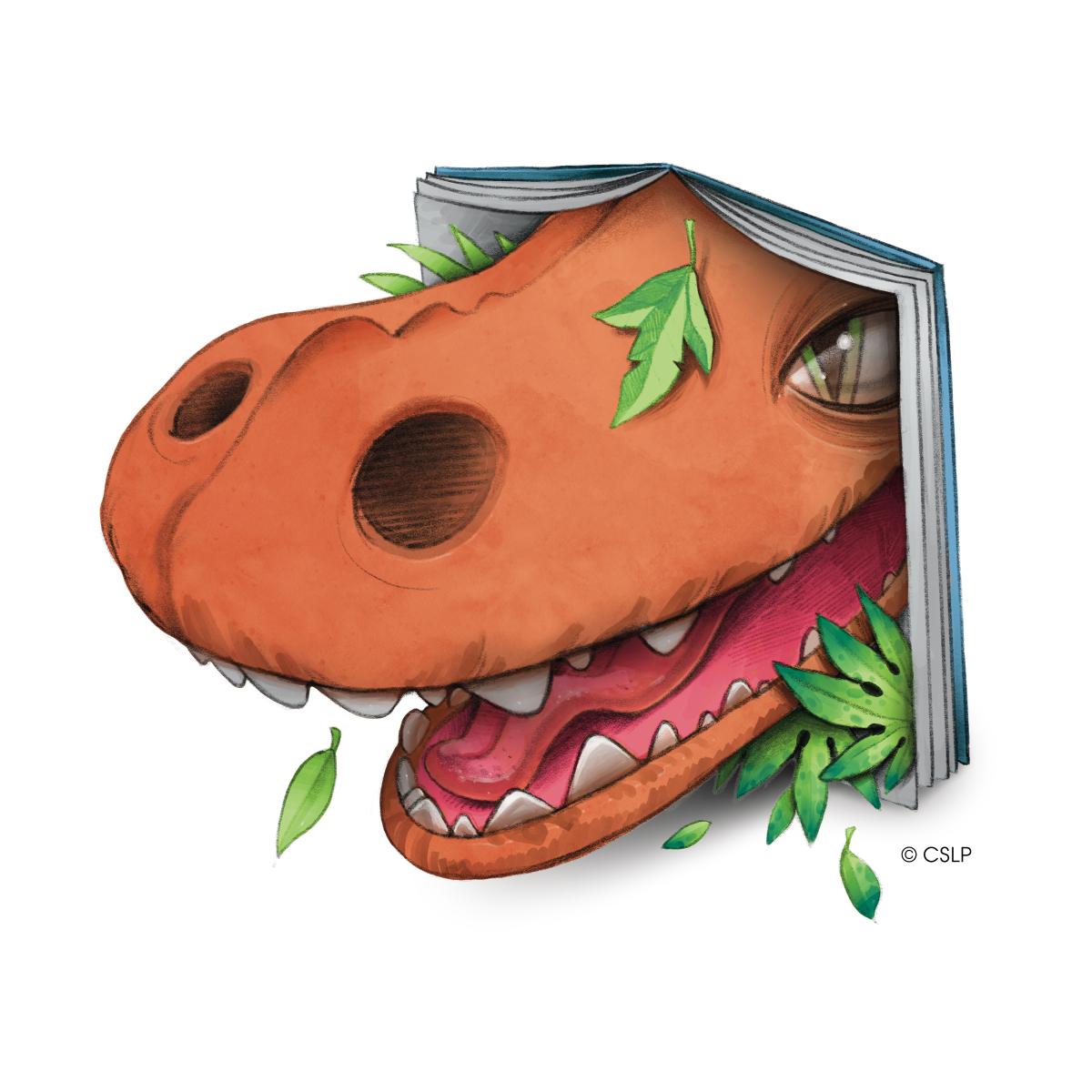 dinosaur face popping out of a book